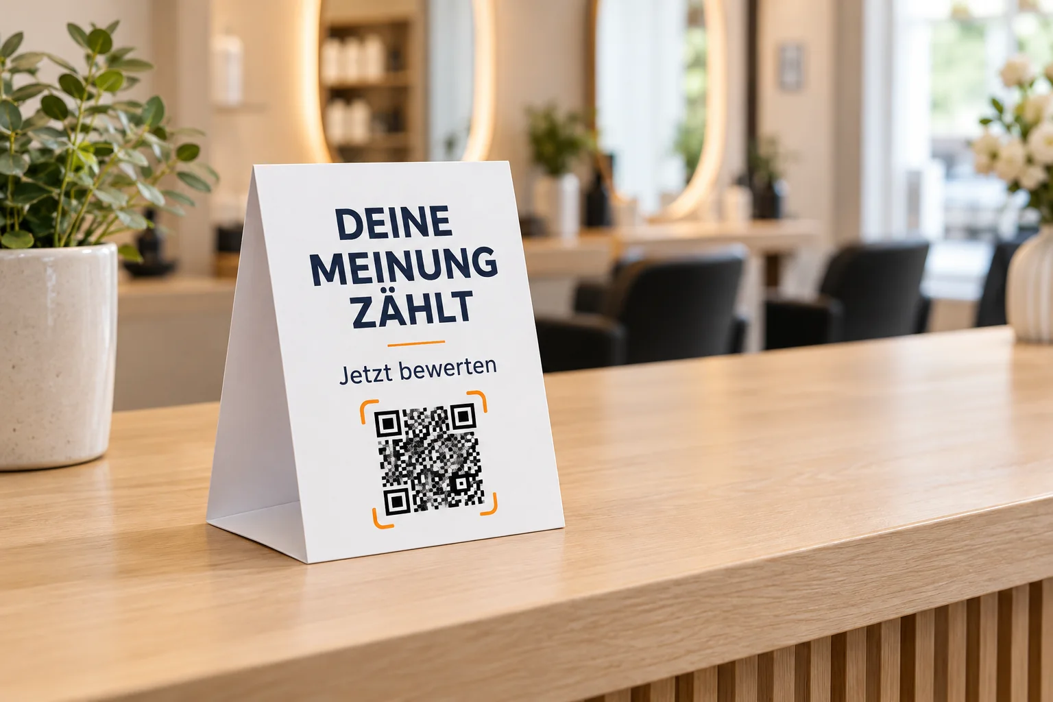 KI-Gestaltungsbeispiel: gefalteter Prisma-Tischaufsteller mit Bewertungsaufruf