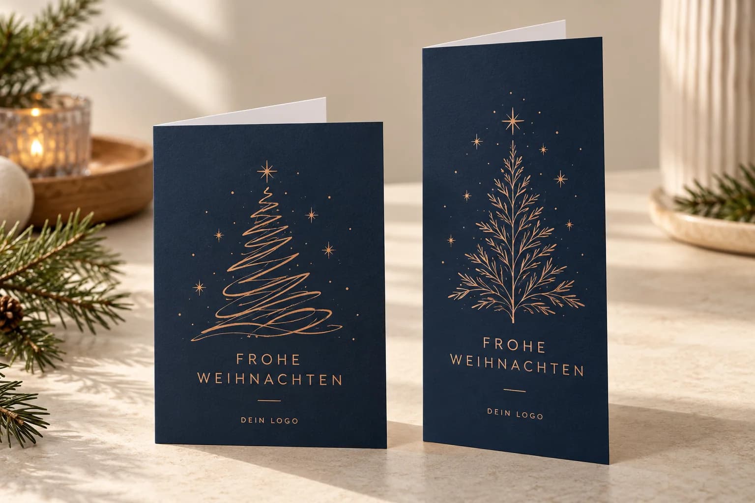 KI-Gestaltungsbeispiel: bedruckte Weihnachts-Klappkarten in A6 und DIN lang