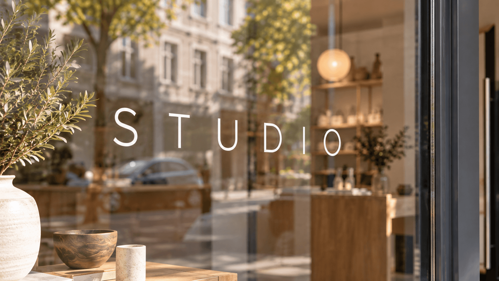 WeiĂźe Klebebuchstaben auf dem Schaufenster eines Studios