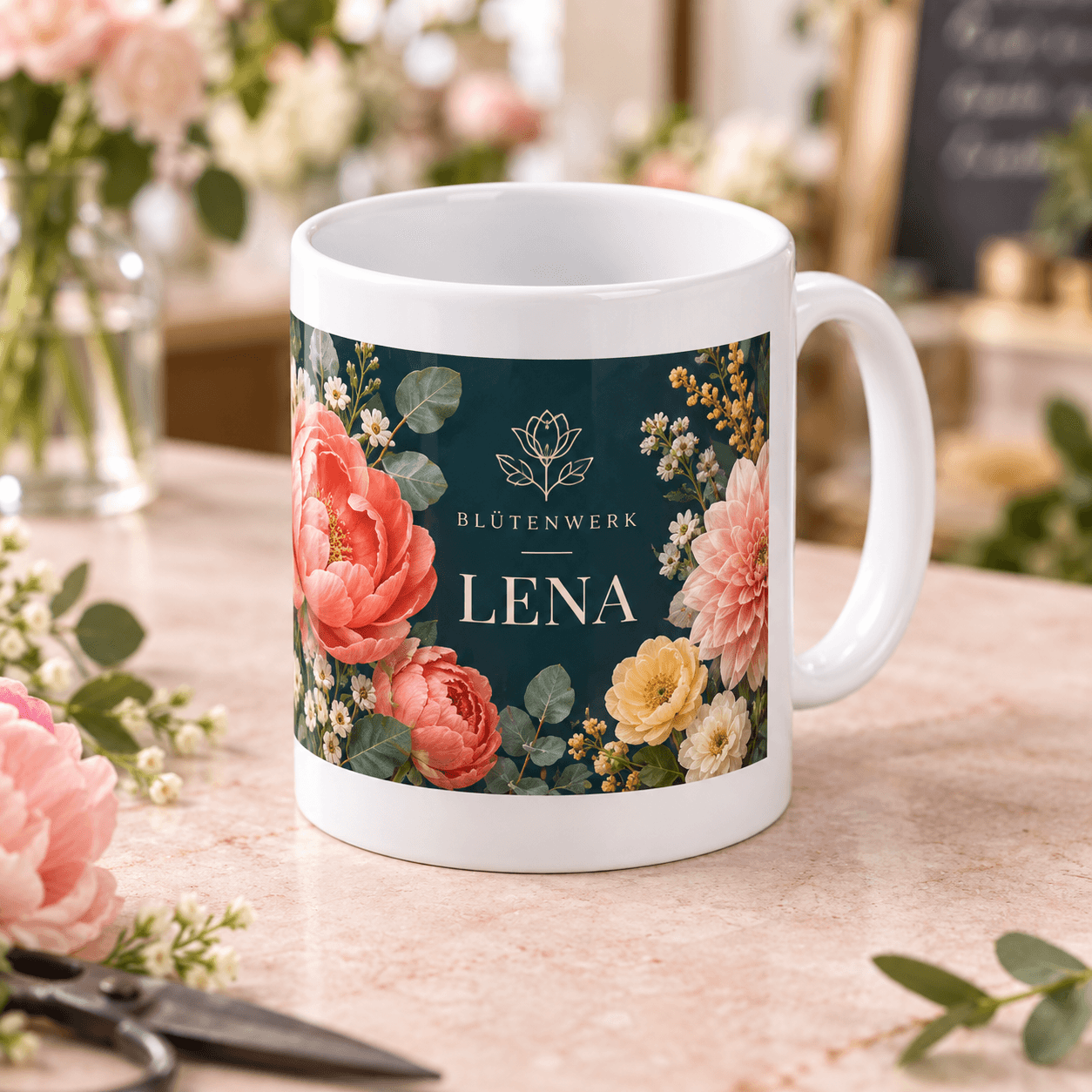 Weiße Floristik-Tasse mit Firmenlogo, Name Lena und weißen Druckrändern